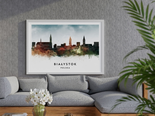 Plakat do salonu skylines Białystok w stylu Watercolor/ Akwarelowym     