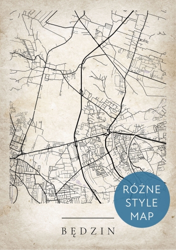 Plakat Mapa Miasta Będzin w 12 wariantach stylu do wyboru. 