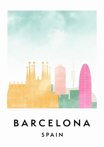 Plakat do salonu skylines Barcelona w stylu Watercolor/ Akwarelowym