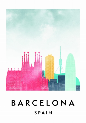 Plakat do salonu skylines Barcelona w stylu Watercolor/ Akwarelowym