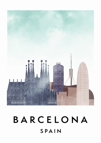 Plakat do salonu skylines Barcelona w stylu Watercolor/ Akwarelowym