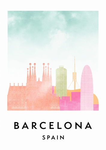 Plakat do salonu skylines Barcelona w stylu Watercolor/ Akwarelowym