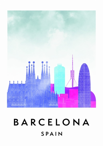 Plakat do salonu skylines Barcelona w stylu Watercolor/ Akwarelowym