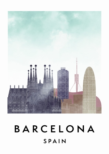 Plakat do salonu skylines Barcelona w stylu Watercolor/ Akwarelowym