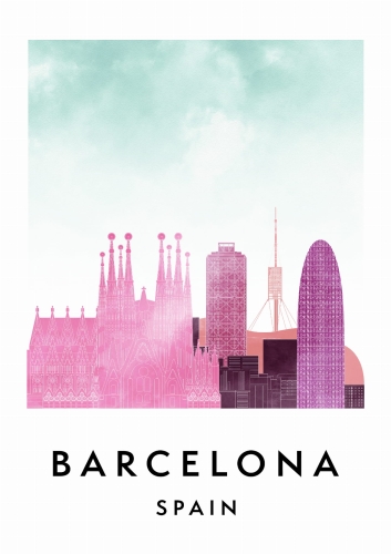 Plakat do salonu skylines Barcelona w stylu Watercolor/ Akwarelowym