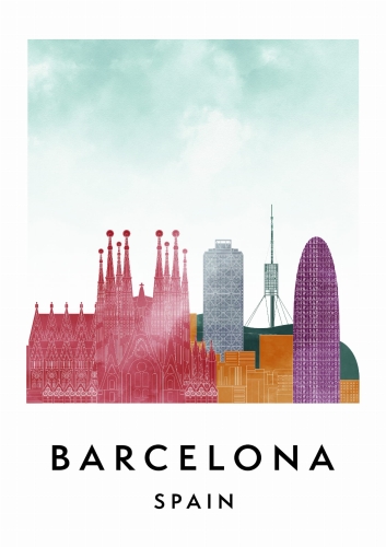 Plakat do salonu skylines Barcelona w stylu Watercolor/ Akwarelowym