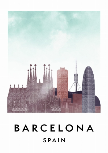 Plakat do salonu skylines Barcelona w stylu Watercolor/ Akwarelowym 