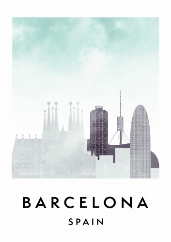 Plakat do salonu skylines Barcelona w stylu Watercolor/ Akwarelowym