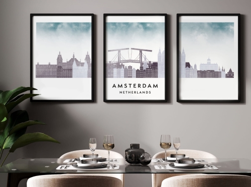 Plakat skylines TRYPTYK Amsterdam w stylu Watercolor/ Akwarelowym