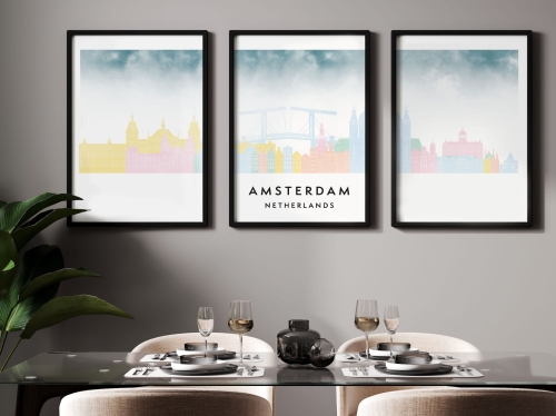 Plakat skylines TRYPTYK Amsterdam w stylu Watercolor/ Akwarelowym