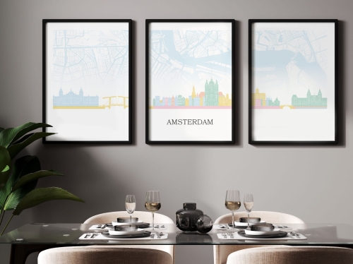 Plakat skylines TRYPTYK Amsterdam z mapą
