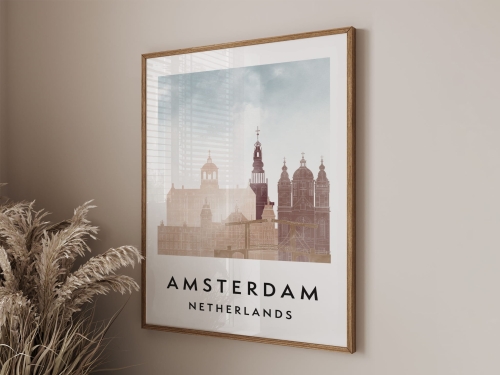 Plakat do salonu skylines Amsterdam  stylu Watercolor/ Akwarelowym