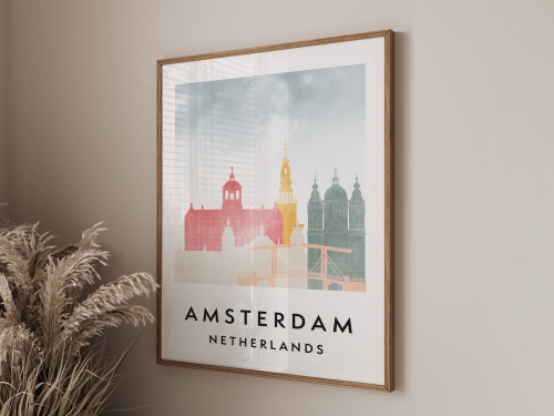 Plakat do salonu skylines Amsterdam  stylu Watercolor/ Akwarelowym