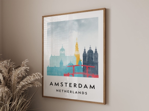 Plakat do salonu skylines Amsterdam  stylu Watercolor/ Akwarelowym