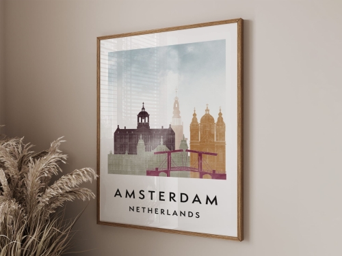 Plakat do salonu skylines Amsterdam  stylu Watercolor/ Akwarelowym