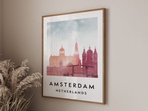 Plakat do salonu skylines Amsterdam  stylu Watercolor/ Akwarelowym