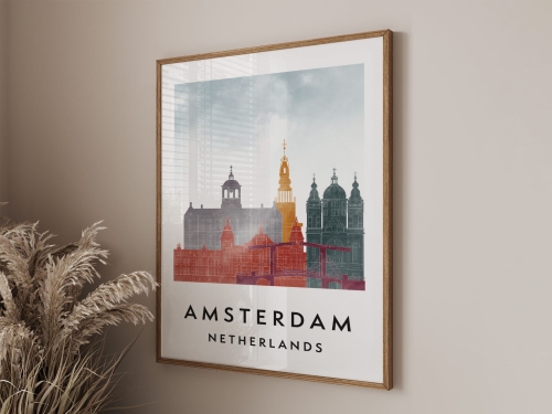 Plakat do salonu skylines Amsterdam  stylu Watercolor/ Akwarelowym