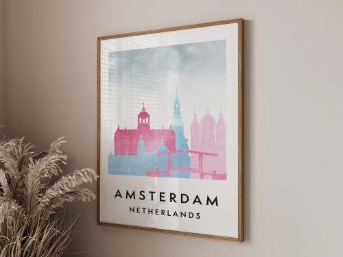 Plakat do salonu skylines Amsterdam  stylu Watercolor/ Akwarelowym