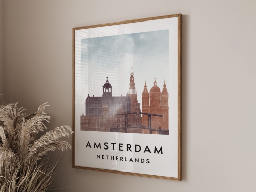 Plakat do salonu skylines Amsterdam  stylu Watercolor/ Akwarelowym