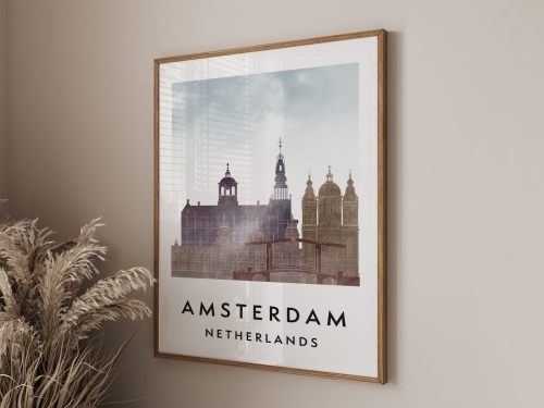 Plakat do salonu skylines Amsterdam  stylu Watercolor/ Akwarelowym