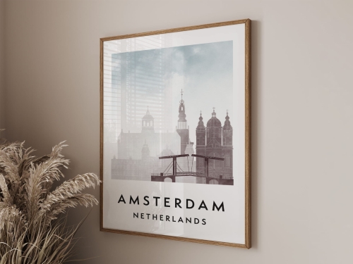 Plakat do salonu skylines Amsterdam  stylu Watercolor/ Akwarelowym