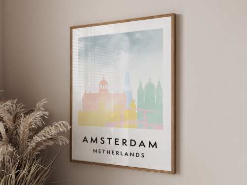 Plakat do salonu skylines Amsterdam  stylu Watercolor/ Akwarelowym