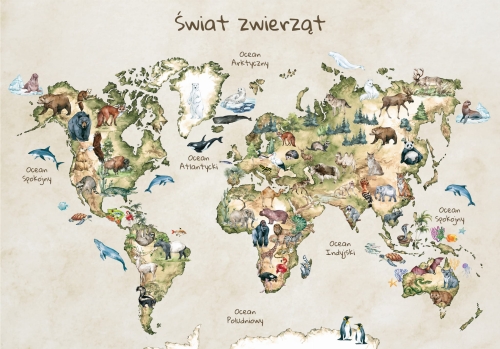 Plakat mapa świata dla dzieci ze zwierzętami bez nazw kontynentów
