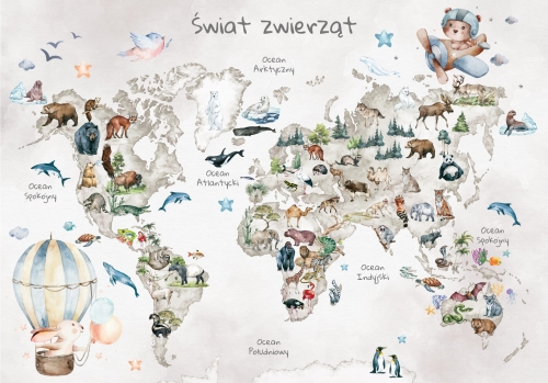 Plakat mapa świata dla dzieci ze zwierzętami bez nazw kontynentów 