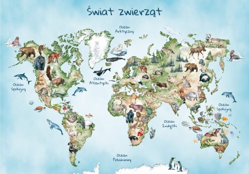 Plakat mapa świata dla dzieci ze zwierzętami bez nazw kontynentów 