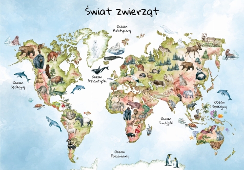 Plakat mapa świata dla dzieci ze zwierzętami bez nazw kontynentów 
