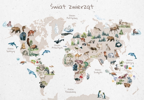 Plakat mapa świata dla dzieci ze zwierzętami bez nazw kontynentów 