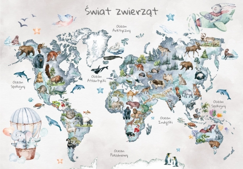Plakat mapa świata dla dzieci ze zwierzętami bez nazw kontynentów 