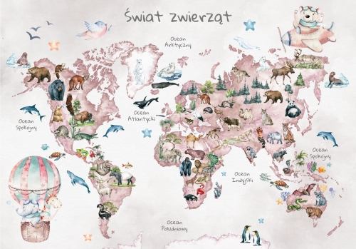 Plakat mapa świata dla dzieci ze zwierzętami bez nazw kontynentów 