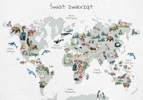 Plakat mapa świata dla dzieci ze zwierzętami bez nazw kontynentów 