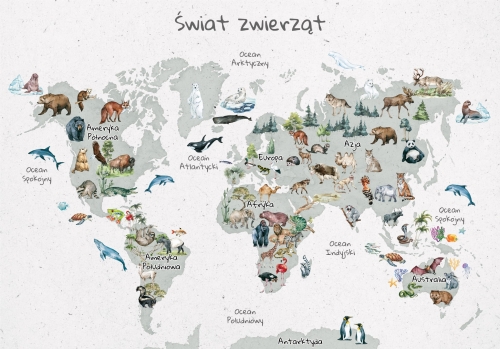 Plakat mapa świata dla dzieci ze zwierzętami z nazwami kontynentów
