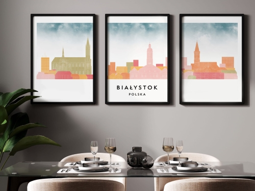 Plakat skylines TRYPTYK Białystok w stylu Watercolor/ Akwarelowym  