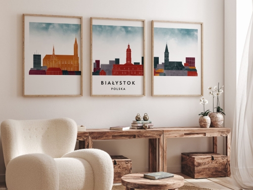 Plakat skylines TRYPTYK Białystok w stylu Watercolor/ Akwarelowym 