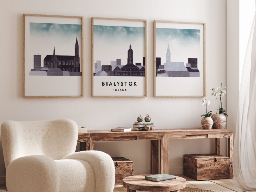 Plakat skylines TRYPTYK Białystok w stylu Watercolor/ Akwarelowym 
