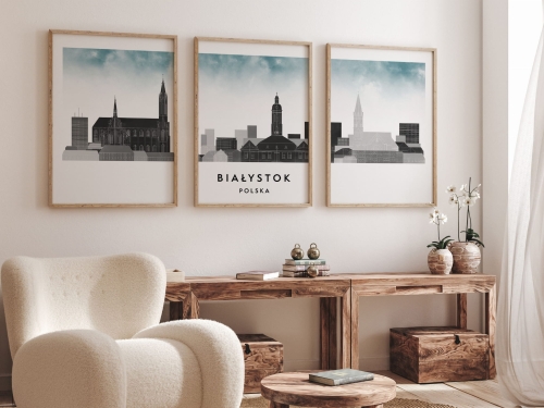 Plakat skylines TRYPTYK Białystok w stylu Watercolor/ Akwarelowym 