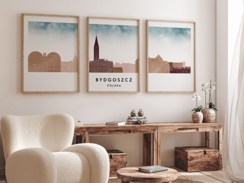 Plakat skylines TRYPTYK Bydgoszcz w stylu Watercolor/ Akwarelowym 