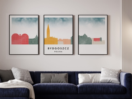 Plakat skylines TRYPTYK Bydgoszcz w stylu Watercolor/ Akwarelowym 