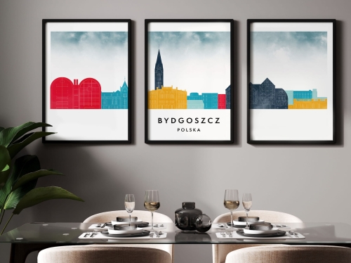Plakat skylines TRYPTYK Bydgoszcz w stylu Watercolor/ Akwarelowym 