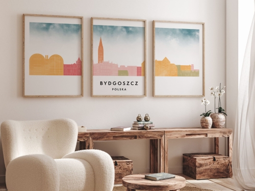Plakat skylines TRYPTYK Bydgoszcz w stylu Watercolor/ Akwarelowym 