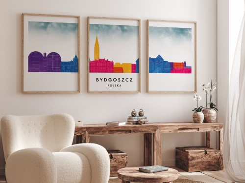 Plakat skylines TRYPTYK Bydgoszcz w stylu Watercolor/ Akwarelowym 