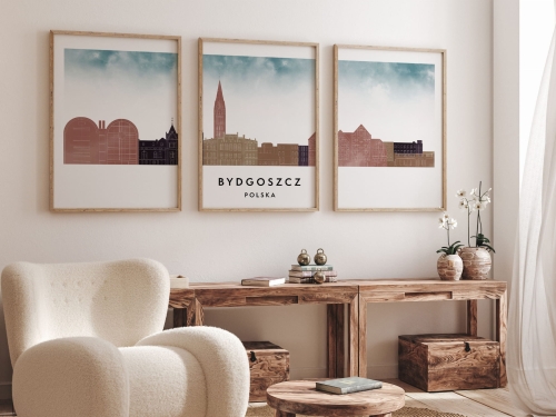 Plakat skylines TRYPTYK Bydgoszcz w stylu Watercolor/ Akwarelowym 