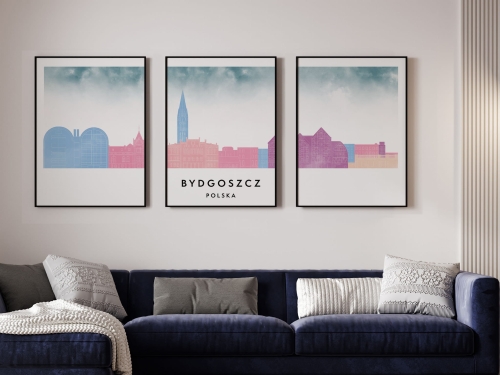 Plakat skylines TRYPTYK Bydgoszcz w stylu Watercolor/ Akwarelowym 
