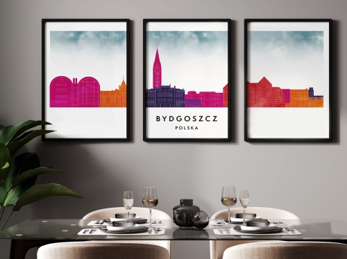 Plakat skylines TRYPTYK Bydgoszcz w stylu Watercolor/ Akwarelowym 