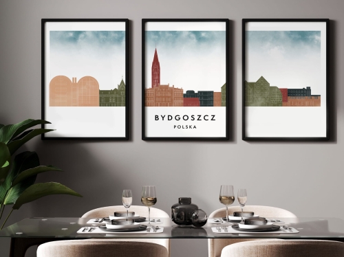 Plakat skylines TRYPTYK Bydgoszcz w stylu Watercolor/ Akwarelowym 