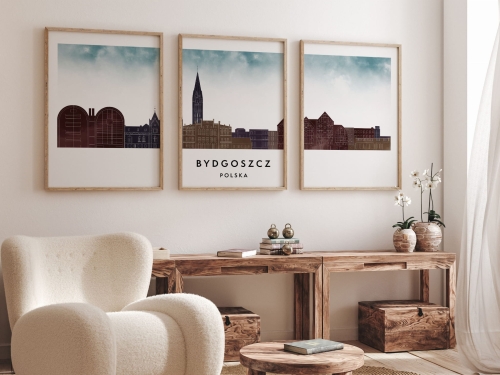 Plakat skylines TRYPTYK Bydgoszcz w stylu Watercolor/ Akwarelowym 