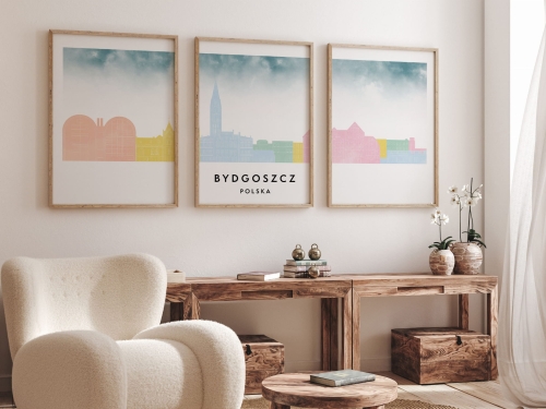 Plakat skylines TRYPTYK Bydgoszcz w stylu Watercolor/ Akwarelowym 